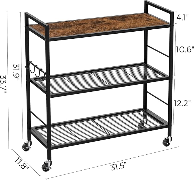 XIVIRACK 3-Tier Metal Storage Rack with Industrial Wheels,Mesh Shelving Unit with Wooden Table top,Adjustable Shelf,31.5-Inch Width, for Kitchen, Laundry,Pantry,Plant,Black