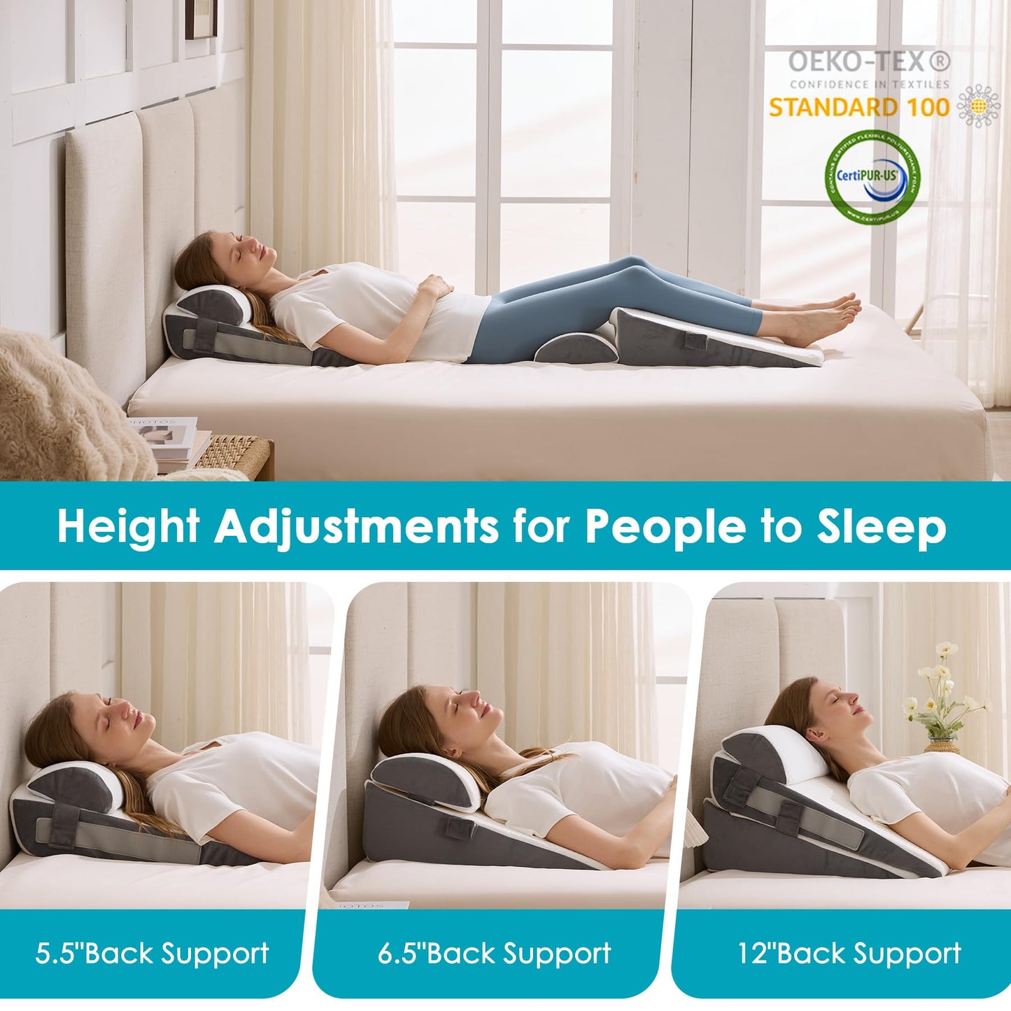 WGAKCED 3Pcs Wedge Pillow Set for After Surgery,Acid Reflux Relief, Adjustable Bed Wedge Pillows for Sleeping,Anti Snore, Memory Foam Triangle Pillow for Back&Neck&Shoulder Pain Relief, White&Grey