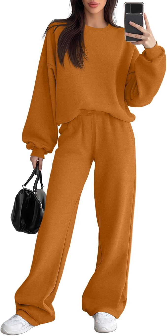 Sweetyweee Women's 2 Piece Outfits Set Fleece Lined Lounge Sweatsuit Crewneck Pullover Top Wide Leg Pants Casual Tracksuit
