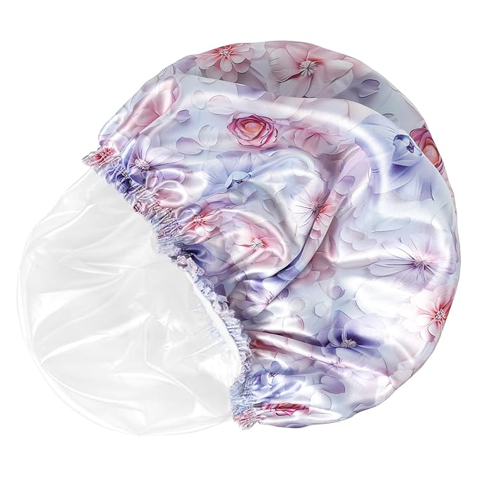 4 PCS Shower Caps for Women, Printing Bath Caps, Double Layers Shower Cap Reusable Waterproof, Bathing Shower Caps, Environmental Protection Hair Bath Hat - Flower