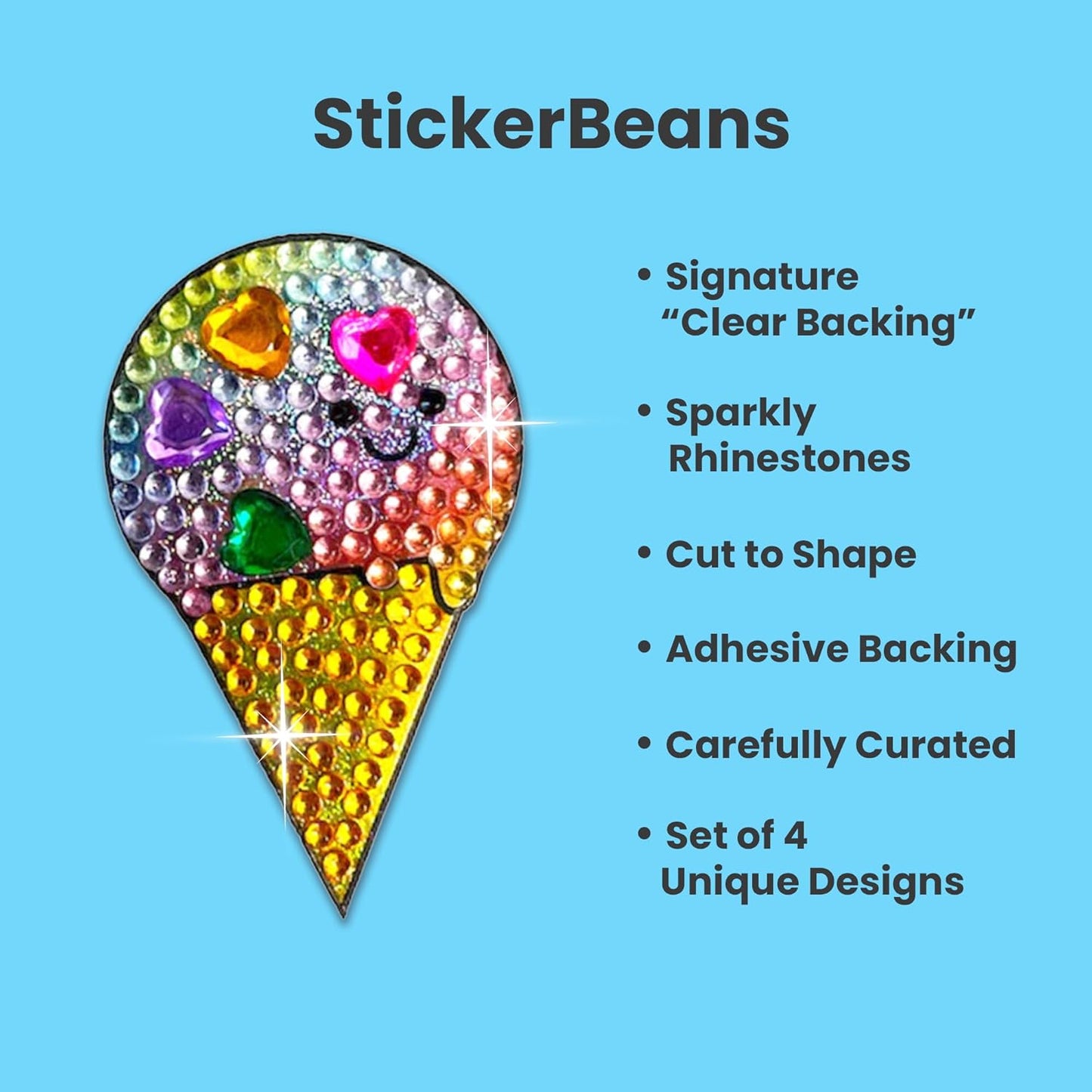 StickerBeans® Rhinestone Stickers - Care Bear II Collection 4-Pack, 2” x 2” Each, Unique Sparkly Cut-to-Shape for Collecting, Trading, Decorating Laptops, Phone Cases, Scrapbooks for Kids & Teens