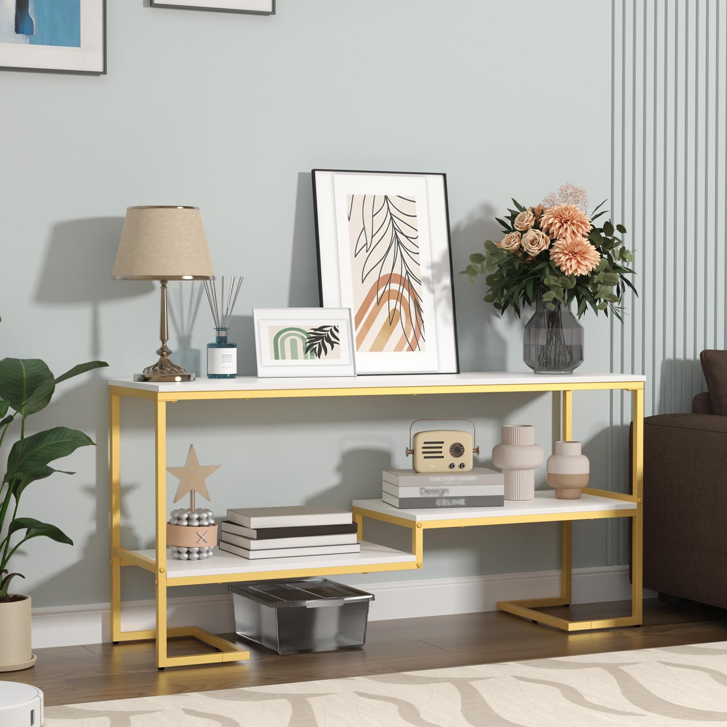 Housoul Console Table, 3-Tier Industrial Entryway Table, 53”L Entrance Sofa Table with Shelves, Hallway, Living Room, Foyer, Corridor, Office, White and Gold