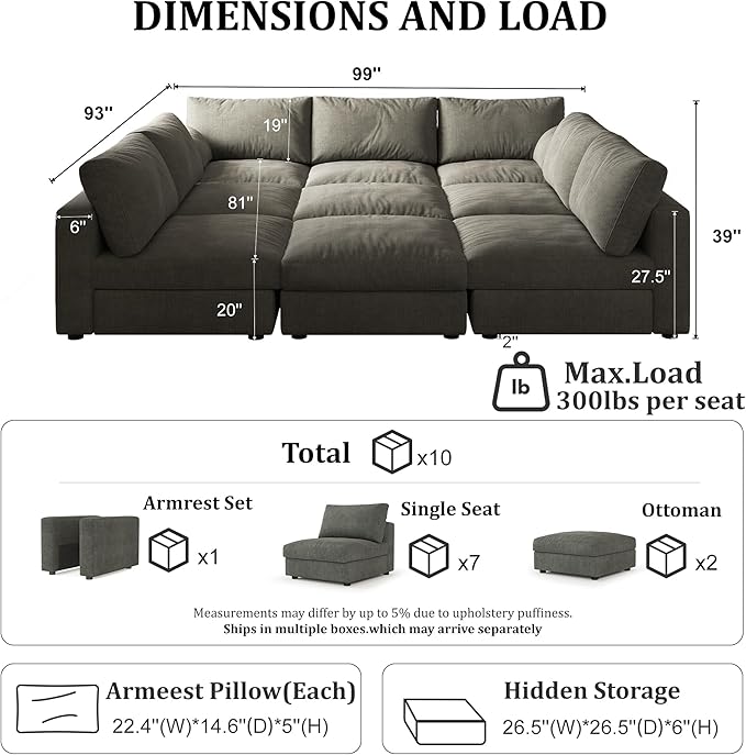 Cloud Modular Sectional Sleeper Sofa with Storage Ottoman, 128" Oversized Sectional Couches for Living Room, Cloud Modular Sleeper Sofa with Chaise, 9 Seater, Chenille, Dark Gray