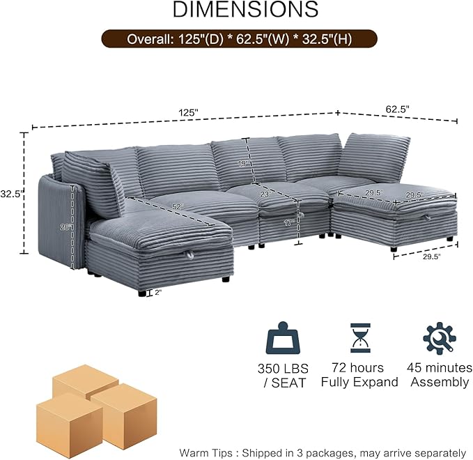 125" Oversized Modular 6 Seater Sofa with Removable Covers and Storage, Convertible U, L-Shaped and Sleeper Sectional, Modern Corduroy Couches with Ottoman Chaise for Living Room, Apartment, Gray