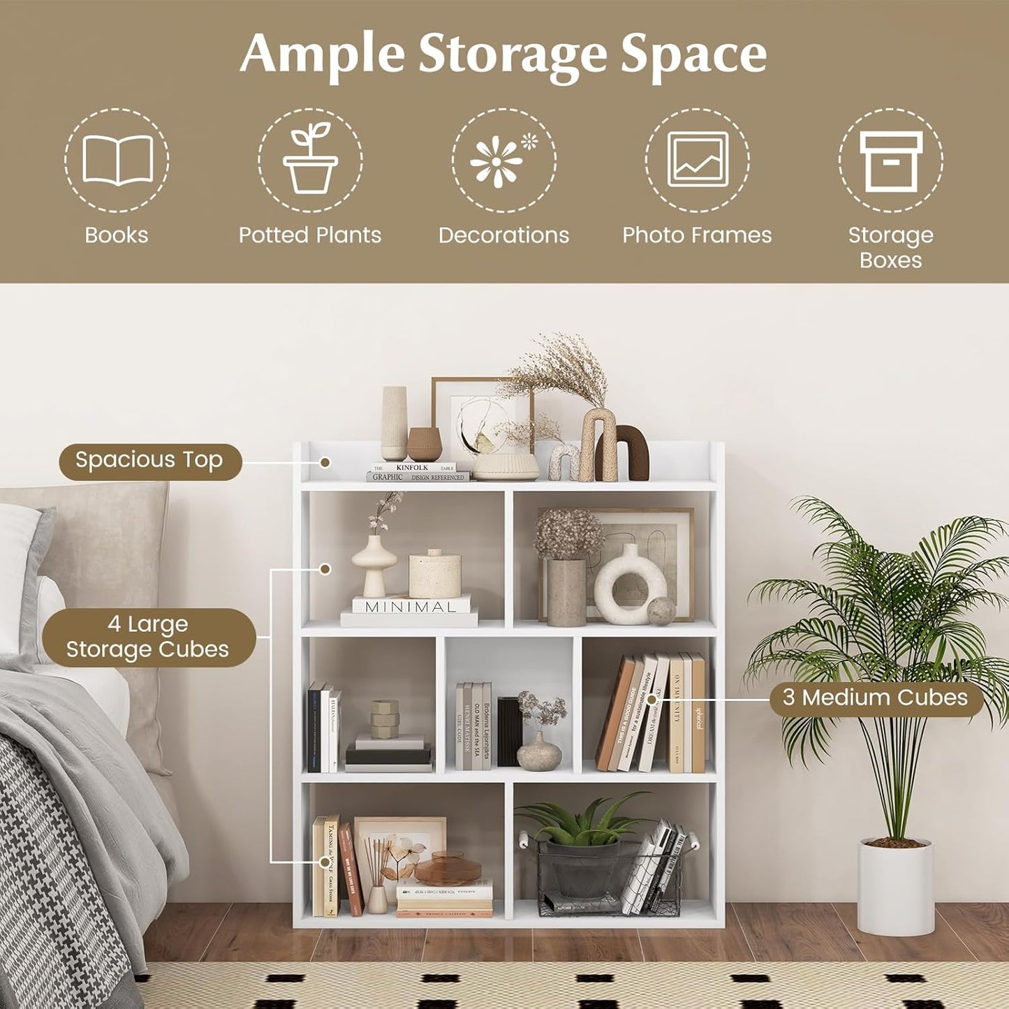 Giantex 7 Cube Bookshelf, Free-Standing Wooden Bookcase, 4 Tier Home Display Shelf, Horizontal Storage Unit w/Anti-Toppling Devices, Open-Back Display Rack for Study, Bedroom, Living Room, White