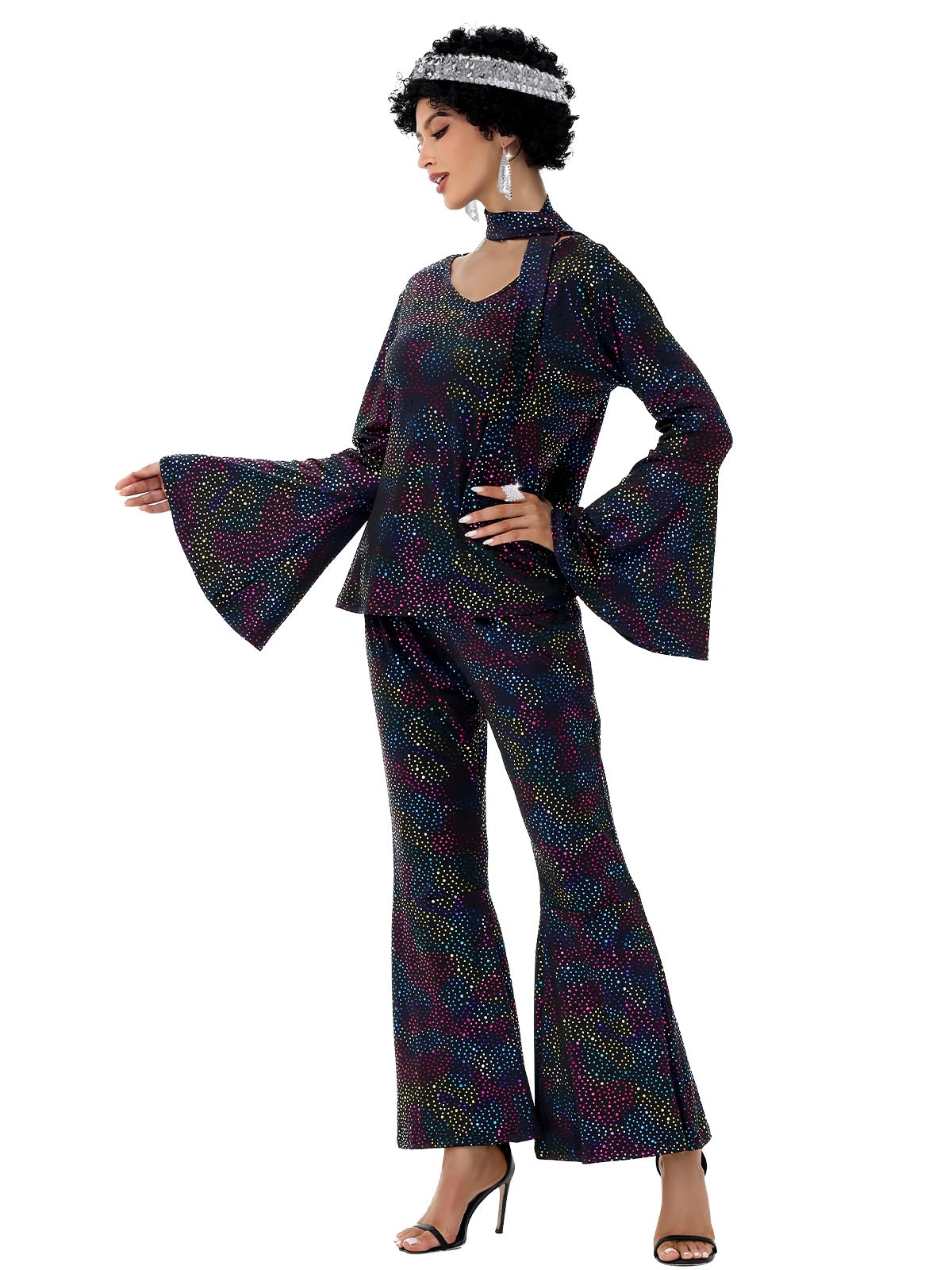 FEELJAM 70s Disco Outfits for Women, Retro 8 PCS Disco Costume with Top, Pants, Sunglasses, Ring, Earrings, Wigand (Black, Large)