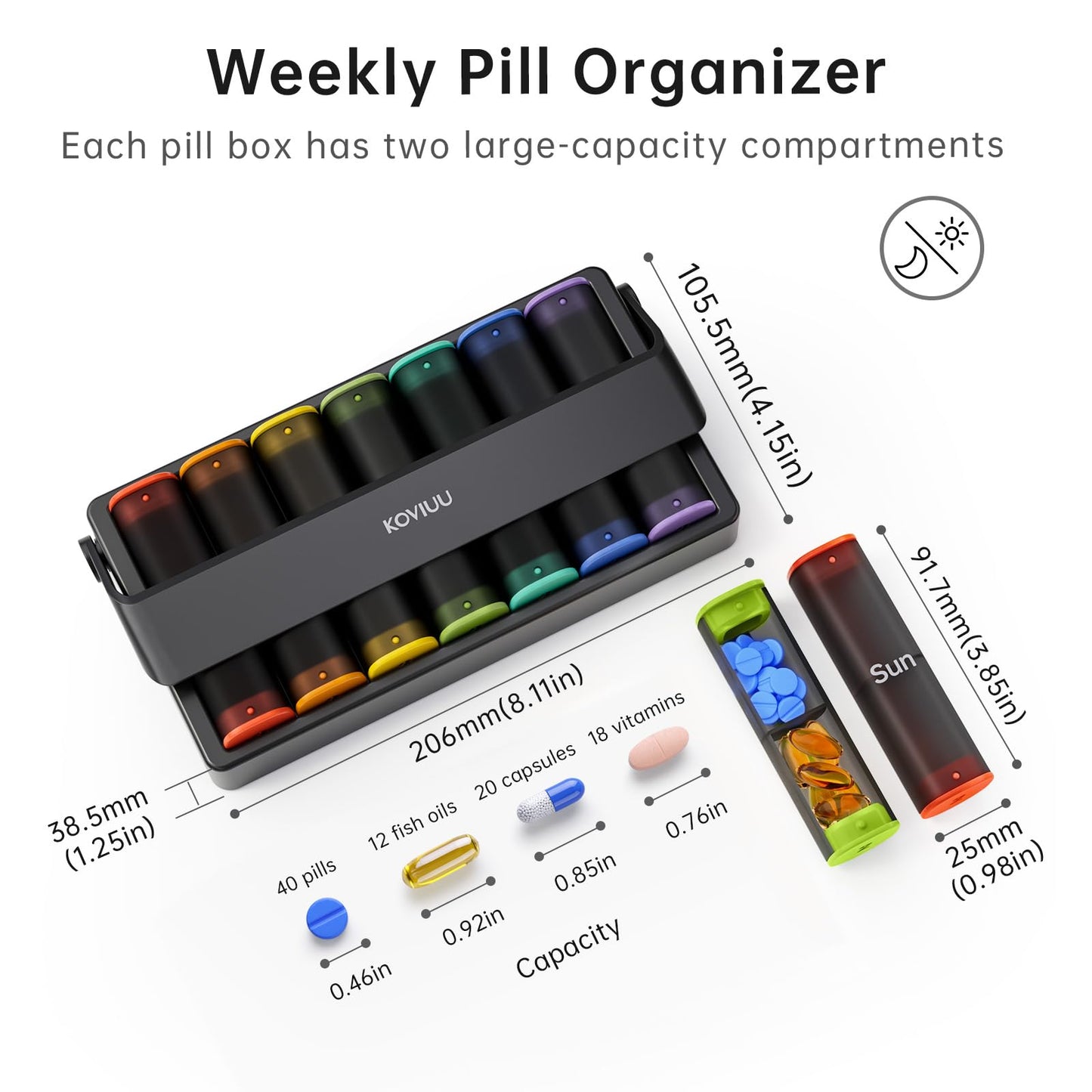 Weekly Pill Organizer 2 Times a Day, KOVIUU Large Travel Pill Box 7 Day, Am Pm Twice Daily Pill Case with Rotatable Handle, Pill Holder Container for Vitamin, Medicine, Supplement, Translucent-Black