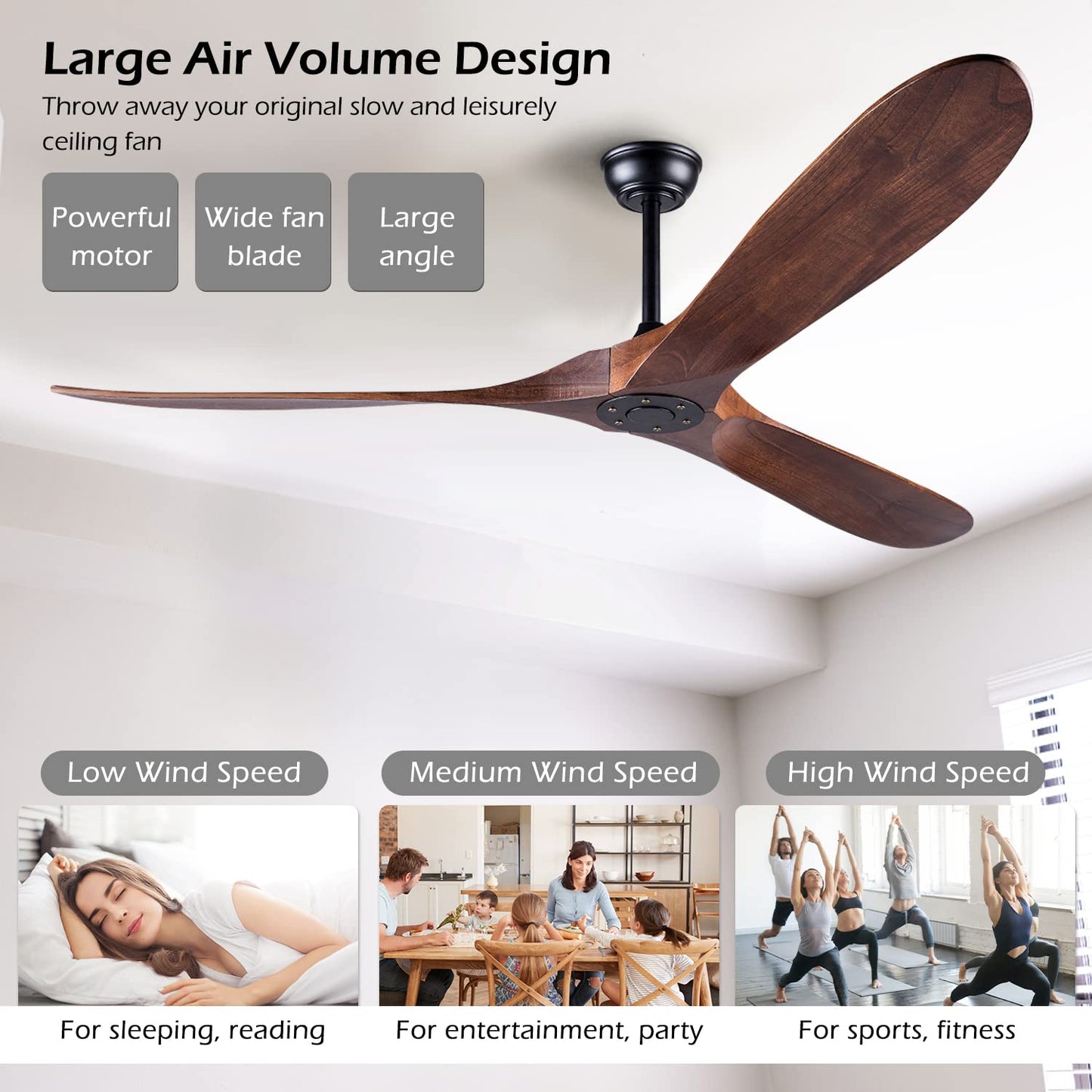EOPETY 60 Inch Ceiling Fan Without Light ，Wood Indoor Outdoor Ceiling Fans No Light for Patios Living Room Bedroom Porch Big Ceiling Fan for Flat Sloped Ceiling(Walnut)