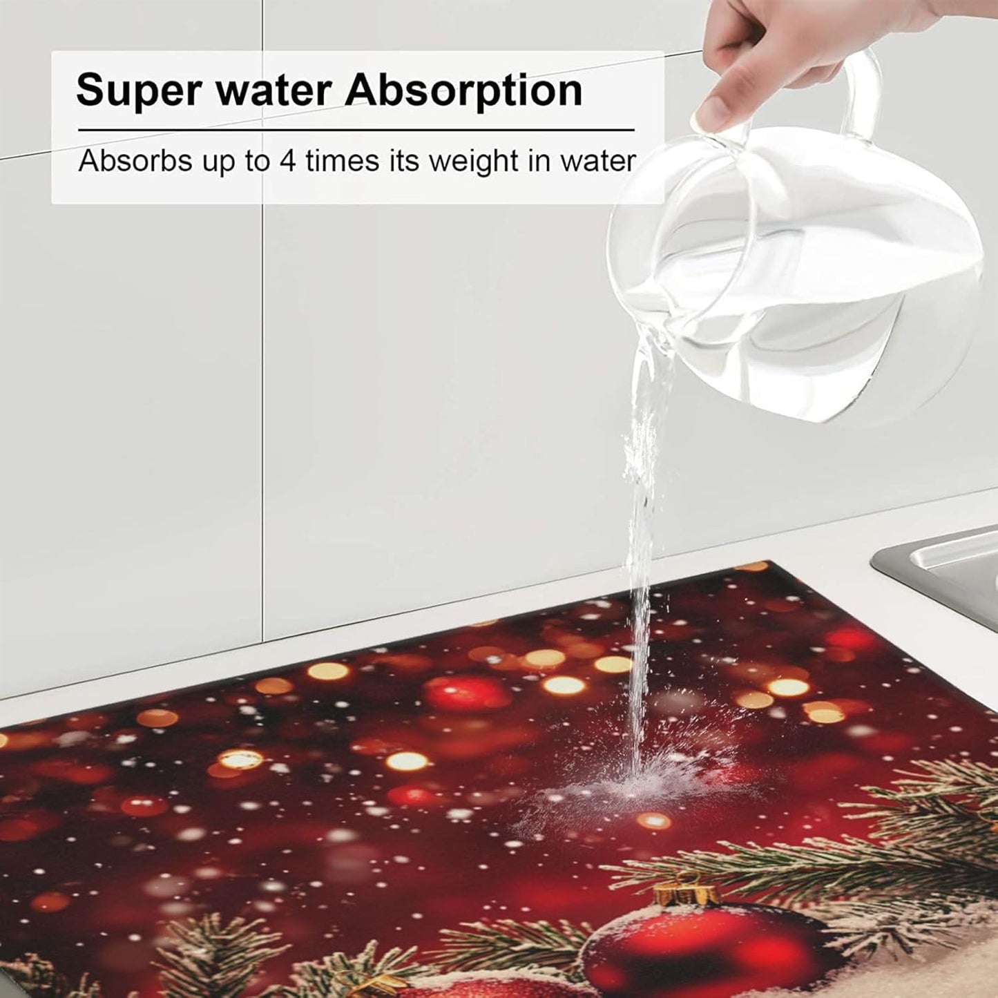 Dish Drying Mat Red Christmas Ball Glitter Absorbent Microfiber Non Slip Quick Dry Heat Resistant Holiday Decorative Kitchen Counter Mat for Plates Cups Glasses 16x18 Inch
