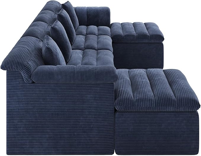 SUNG7 142" Modular Sofa with Ottoman, Boneless Cloud Couch with Deep Seat, Comfy U-Shape Corduroy Couches for Living Room, No Assembly Required, Blue