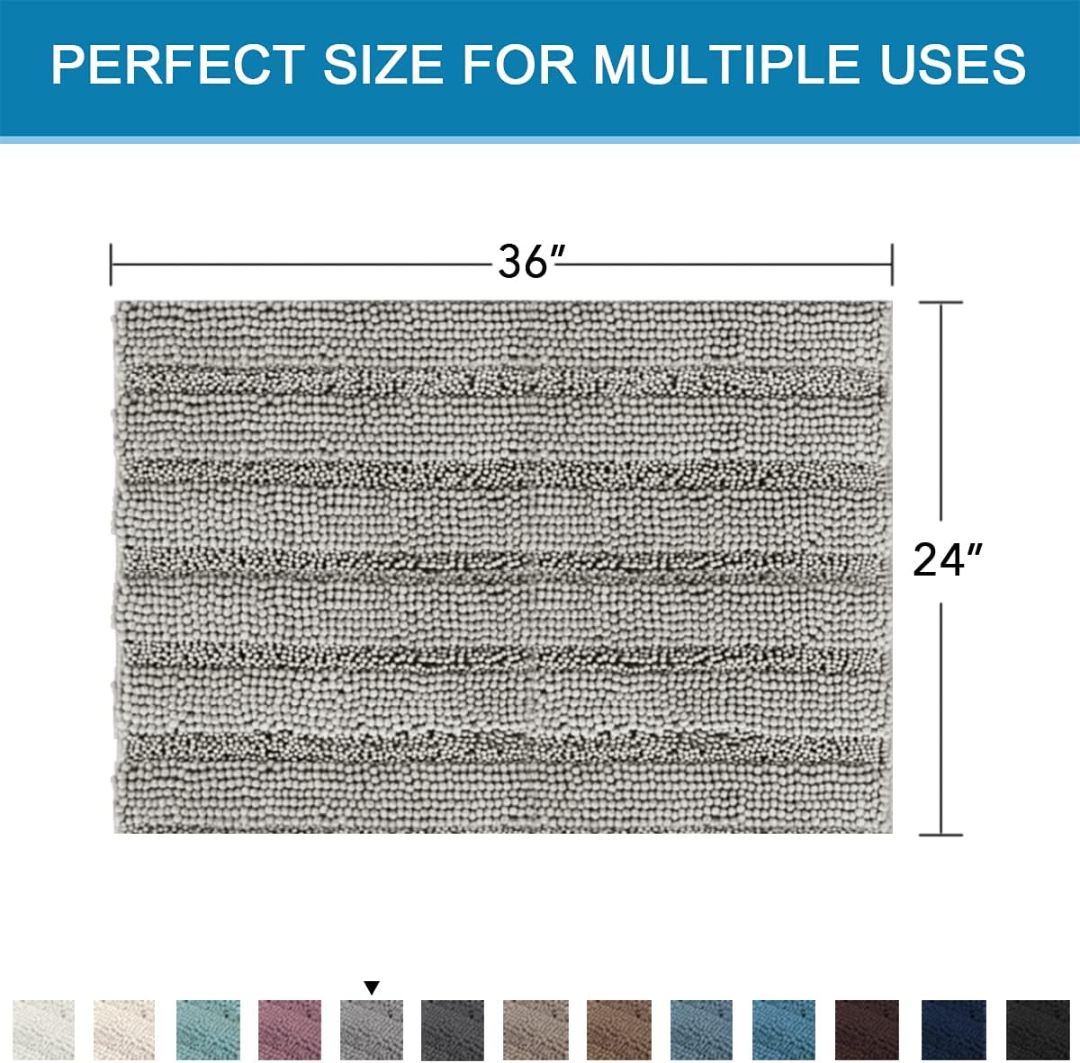 H.VERSAILTEX Bath Mats for Bathroom Non Slip Extra Thick Chenille Striped Bath Rug 24" x 36" Absorbent Non Skid Fluffy Soft Shaggy Rugs Washable Dry Fast Plush Mats for Indoor, Bath Room, Tub - Dove