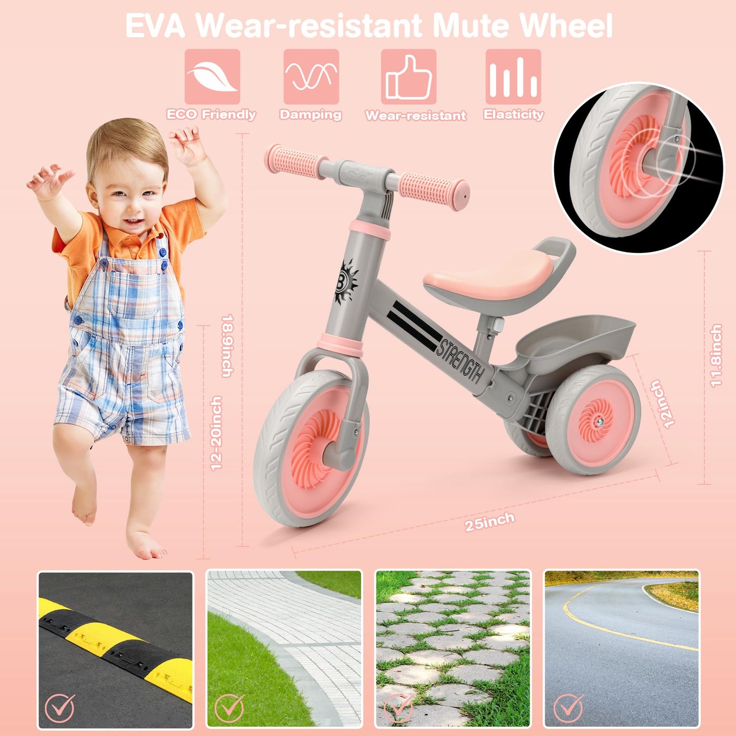 Bakeling Balance Bike - Pink Tricycle for 2-4 Year Olds, Baby & Toddler Balance Bike, Kids Ride On Toy