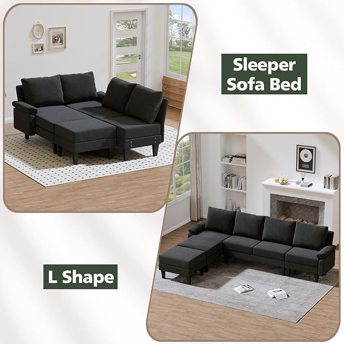 Topcomfy U-Shaped Sectional Couches for Living Room, Convertible 4 Seat Modular Sectional Sofa Set with Ottoman, Modern L Shaped Couch with Chaise for Bedroom Apartment and Office, Chenille Black