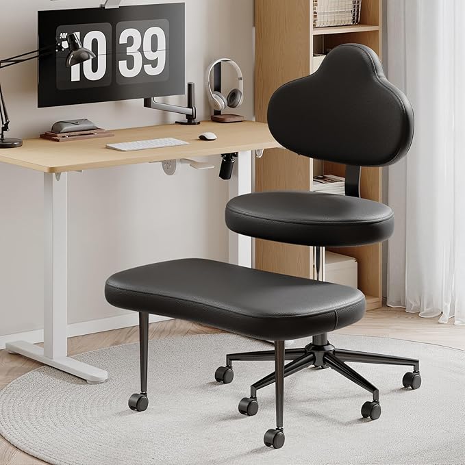 Cross Legged Office Chair with Wheels for ADHD, Ergonomic 360° Swivel Height-Adjustable Meditation Chair for Yoga, Kneeling Chair with 4 inch seat Cushion and Lumbar Support, PU Leather, Black