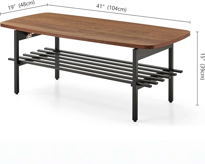Pine Flicker Wood Folding Coffee Table, Mid-Century Modern Design, 2-Tier, L41*W19*H15 inch, for Living Room, Walnut Finish Wood Top and Black Metal Frame