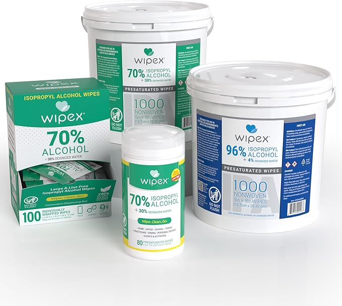 Wipex 70% Isopropyl Alcohol Wipes for Electronics - 80ct Large Lint Free IPA Wipes in Sealed Canister to clean Surfaces, Electronics, Computer Screens, Glasses, 80 Count (Pack of 3)