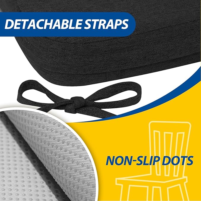 AAAAAcessories D-Shaped Chair Cushions, 2" Thick Dining Chair Pads with Ties and Removable, Machine-Washable Cover, 17" x 16", Black