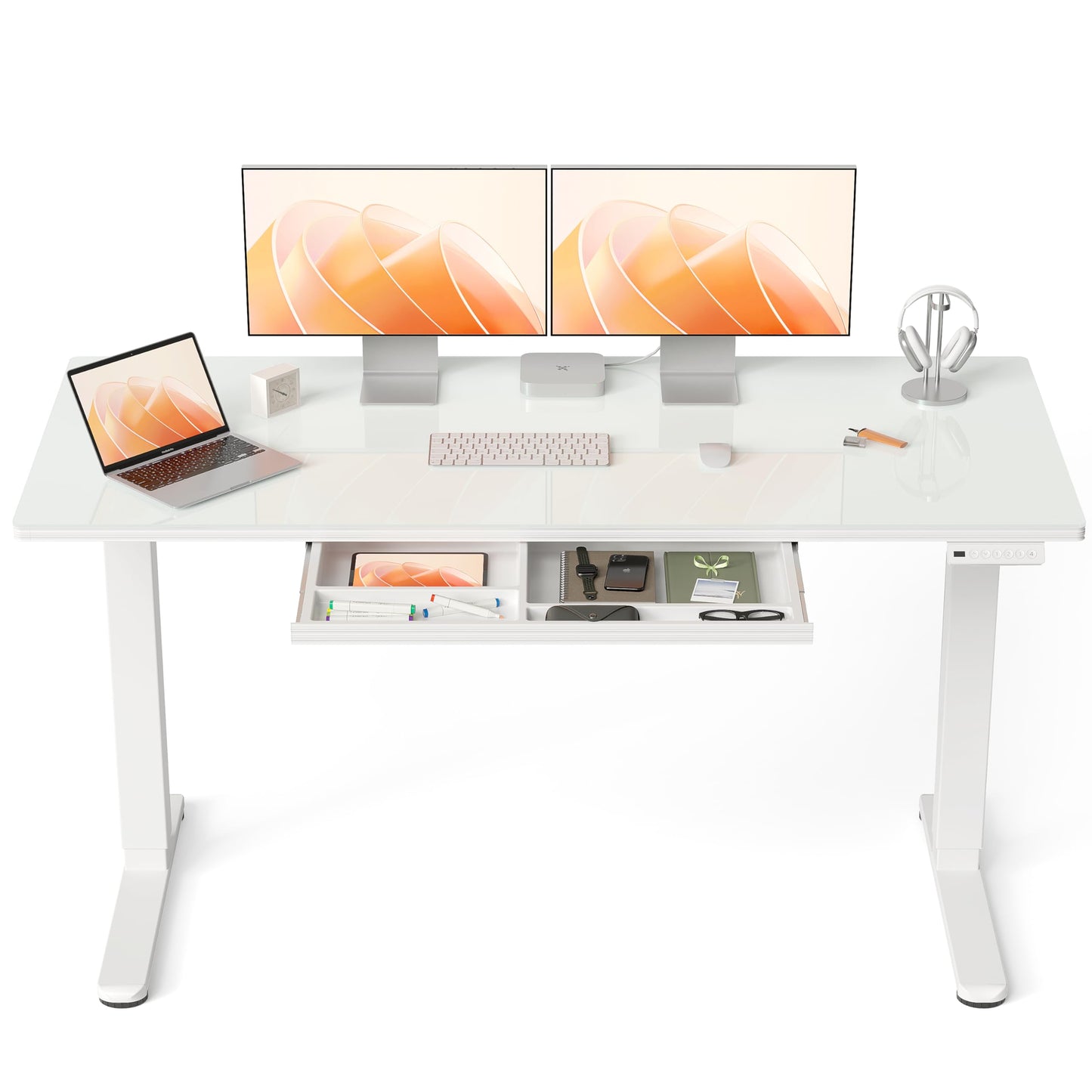 BANTI 55x24 inchs Electric Glass Standing Desk with Drawer - Height Adjustable One-Piece Tempered Top Sit Stand Workstation with Memory Keypad for Home Office