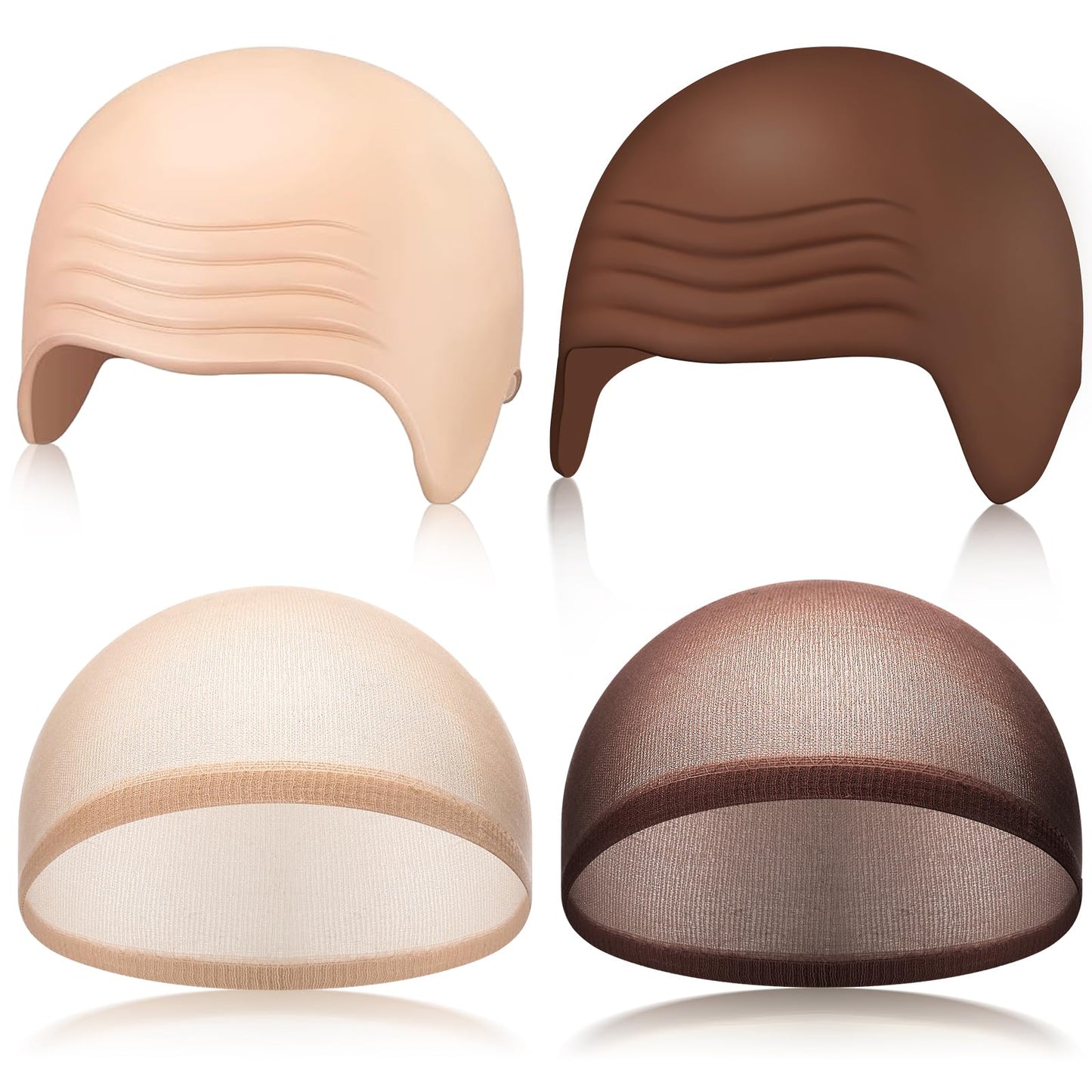 Syhood 4 Packs Halloween Bald Caps Makeup Latex Bald Head Wig Cap Bald Hat Costume Accessories for Women Men Adults(Dark Brown.nude,Large)