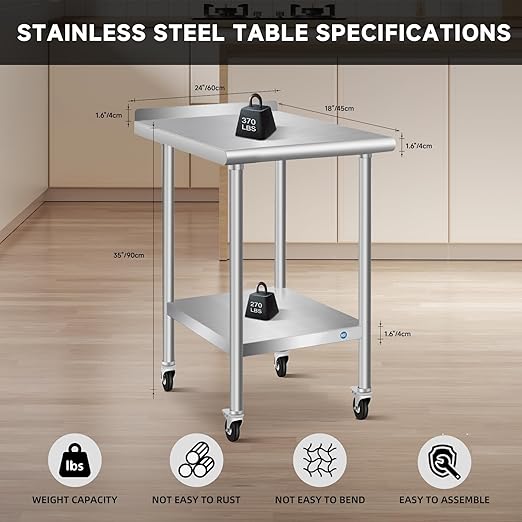 PIUMACU Stainless Steel Table with Wheels Small Stainless Table 24 x 18 Inch, Commercial All-Stainless Steel Metal Table for Kitchen Restaurant