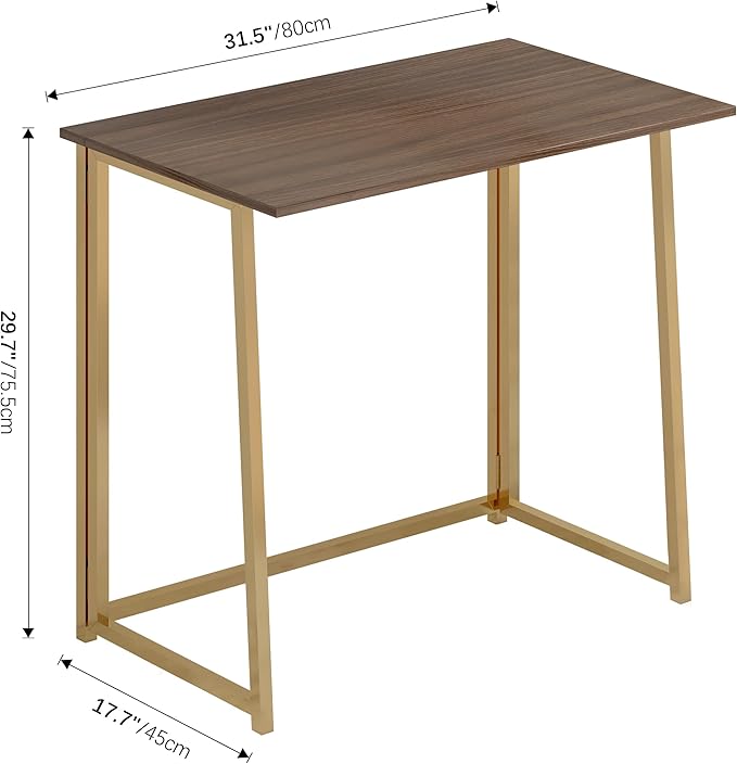 4NM 31.5" Small Folding Desk, Foldable Computer Home Office Desk, Study Writing Table for Small Space Saving Bedroom, Easy Assembly - Brown and Golden