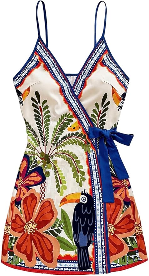 SOLY HUX Women's Tropical Print Mini Dress Summer Wrap V Neck Bow Tie Vacation Dresses