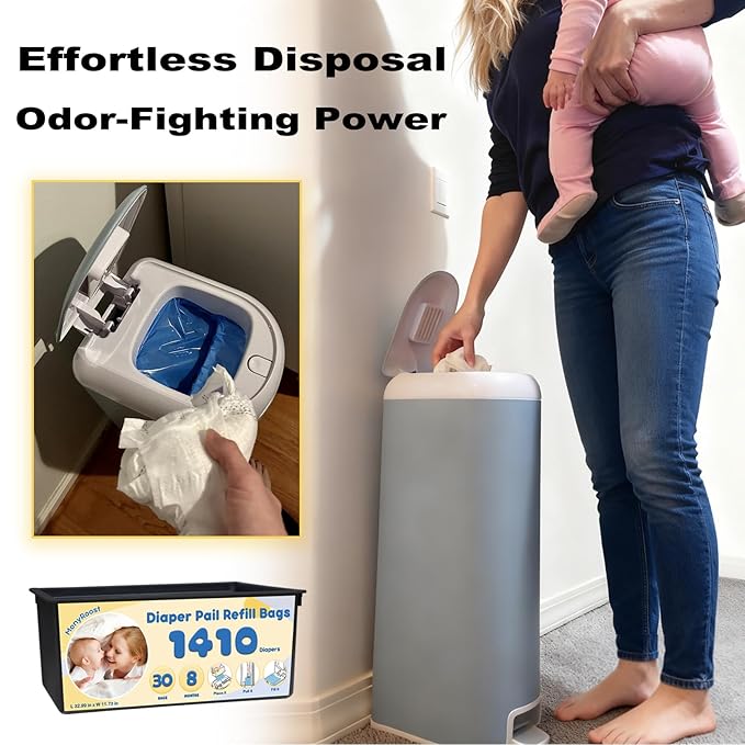 Diaper Pail Refills Bags Compatible with Genie Easy Roll Signature & Platinum Diaper Pails | Holds Up to 1410 Newborn Diapers Per Refill — Unscented, Odor Locking, 2Pack(60 Bags)