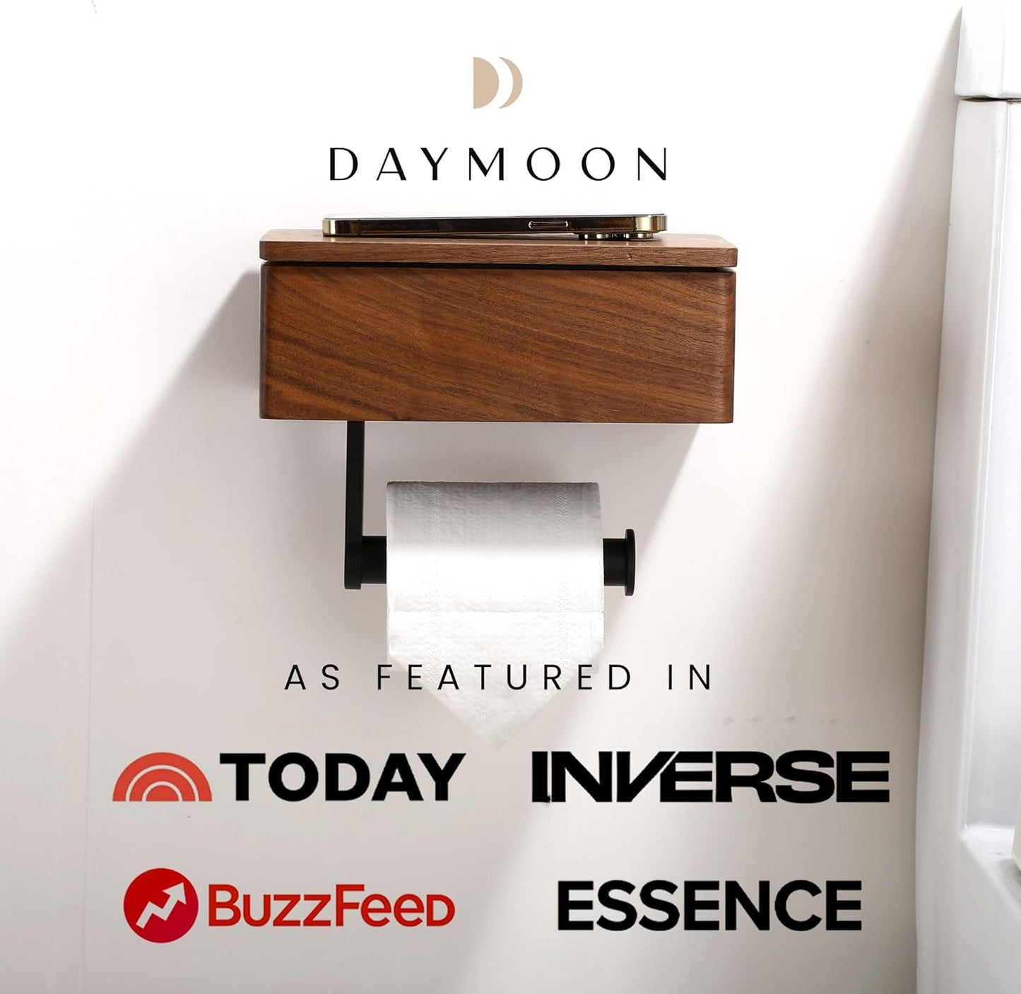 Day Moon™ Wood Toilet Paper Holder with Shelf, Wipe Holder for Bathroom, Flushable Wipes Dispenser, Toilet Paper and Wipes Holder - Toilet Paper Holder with Storage, Toilet Paper Holder Wall Mount