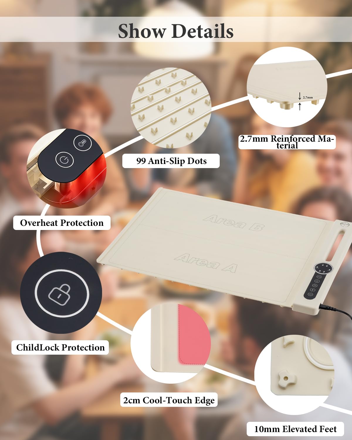 KokoSelene Food Warming Mat, Dual-Zone Heating Mat for Food with 7 Temp & Timer, 10s Fast Heat Flexible Silicone Warmer for Home, Parties, Buffet Serving (Cream-1 PCS)