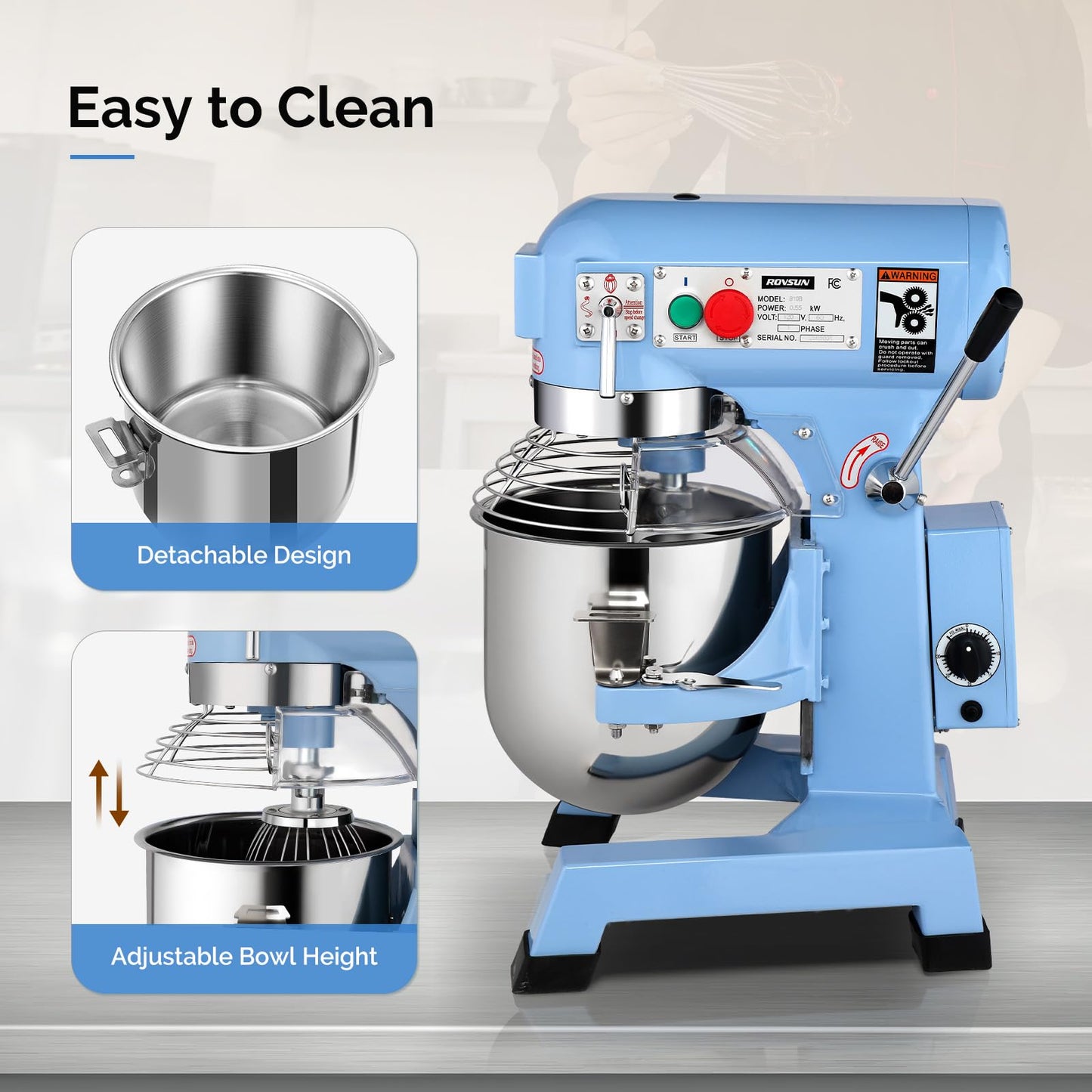 ROVSUN 15QT Commercial Food Mixer, 550W Electric Commercial Dough Mixer with 3-Speeds Adjustable, Heavy Duty Commercial Stand Mixer with Stainless Steel Bowl for Bakery Pizzeria Restaurants, Blue