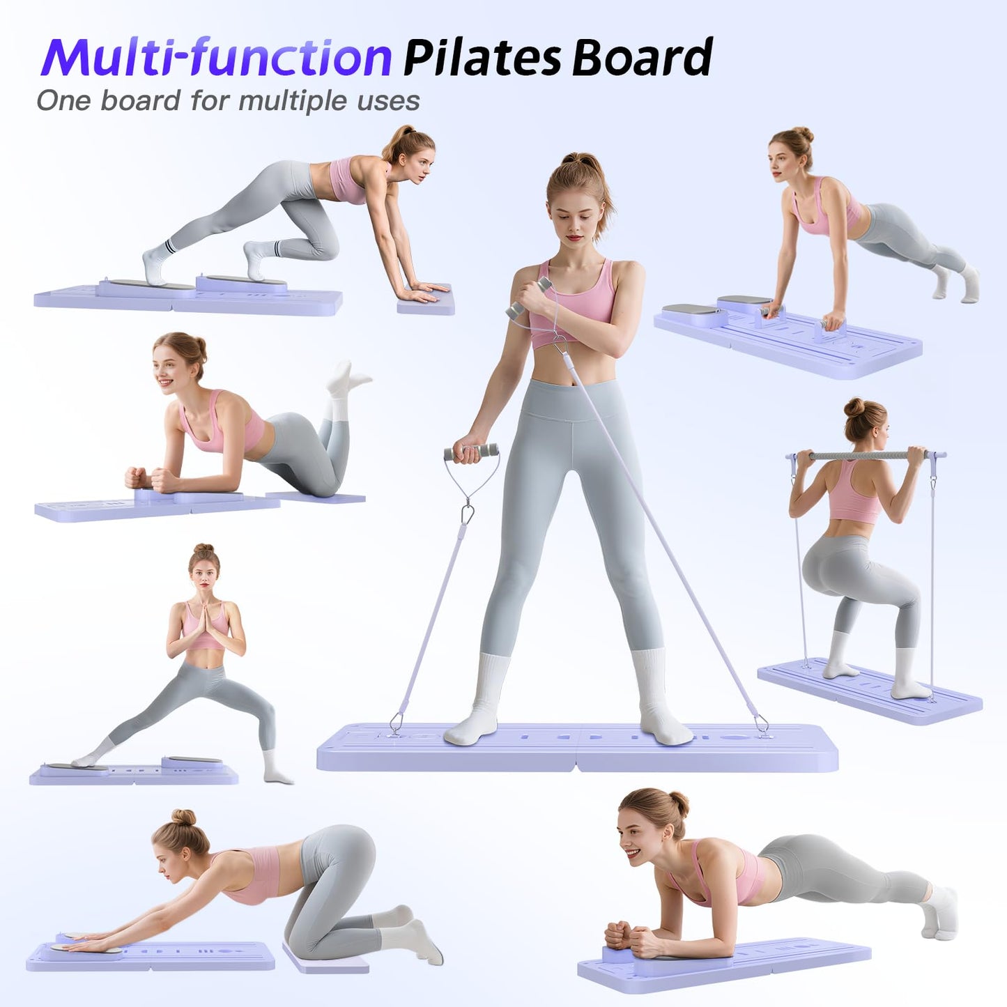 Lazolloa 5 in 1 Pilates Board, Foldable Pilates Reformer Set with Resistance Bands, Portable Pilates Sliding Board, Trainer Machine for Home Workout, Ab, Core, Fitness, Exercise, Purple
