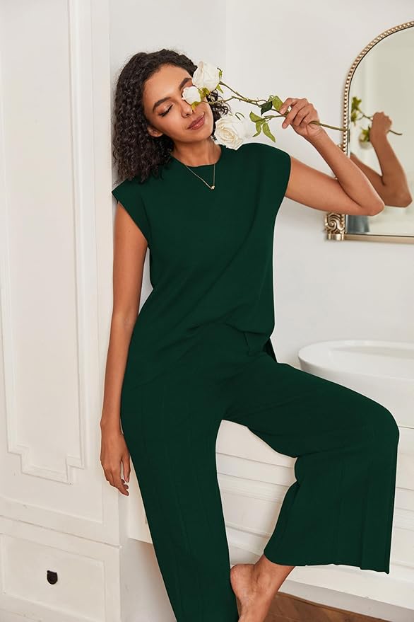 Ekouaer Lounge Sets for Women Two Piece Outfits Knit Cap Sleeve Tops Wide Leg Pleated Pants Casual Dressy Sweater Sets