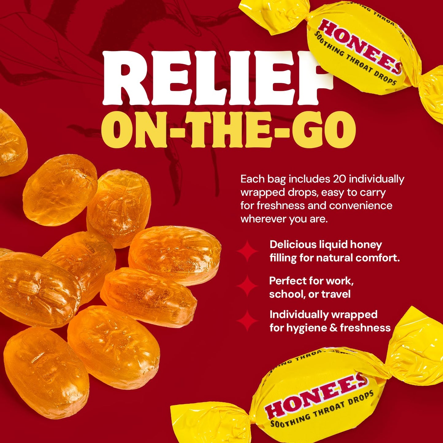 Honees Honey Filled Drops, Honey Cough Drops with Real Honey-Natural Sore Throat Relief-Nothing Artificial-Throat Coat Lozenges, Natural Cough Suppressant, Non-GMO (12 Pack – 240 Drops)
