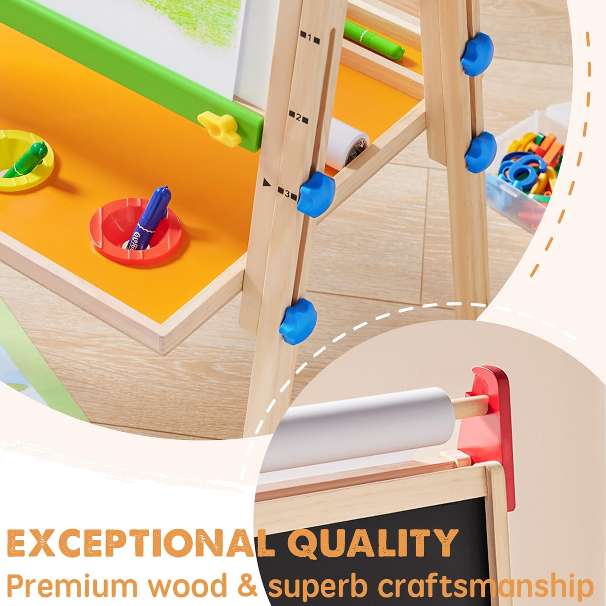 Tiny Land Easel for Kids with 2 Drawing Paper Roll, Learning-Toy for 3,4,5,6,7,8 Years Old Boy & Girls, Wooden Chalkboard & Magnetic Whiteboard & Painting Paper Stand, Gift & Art Supplies for Toddler