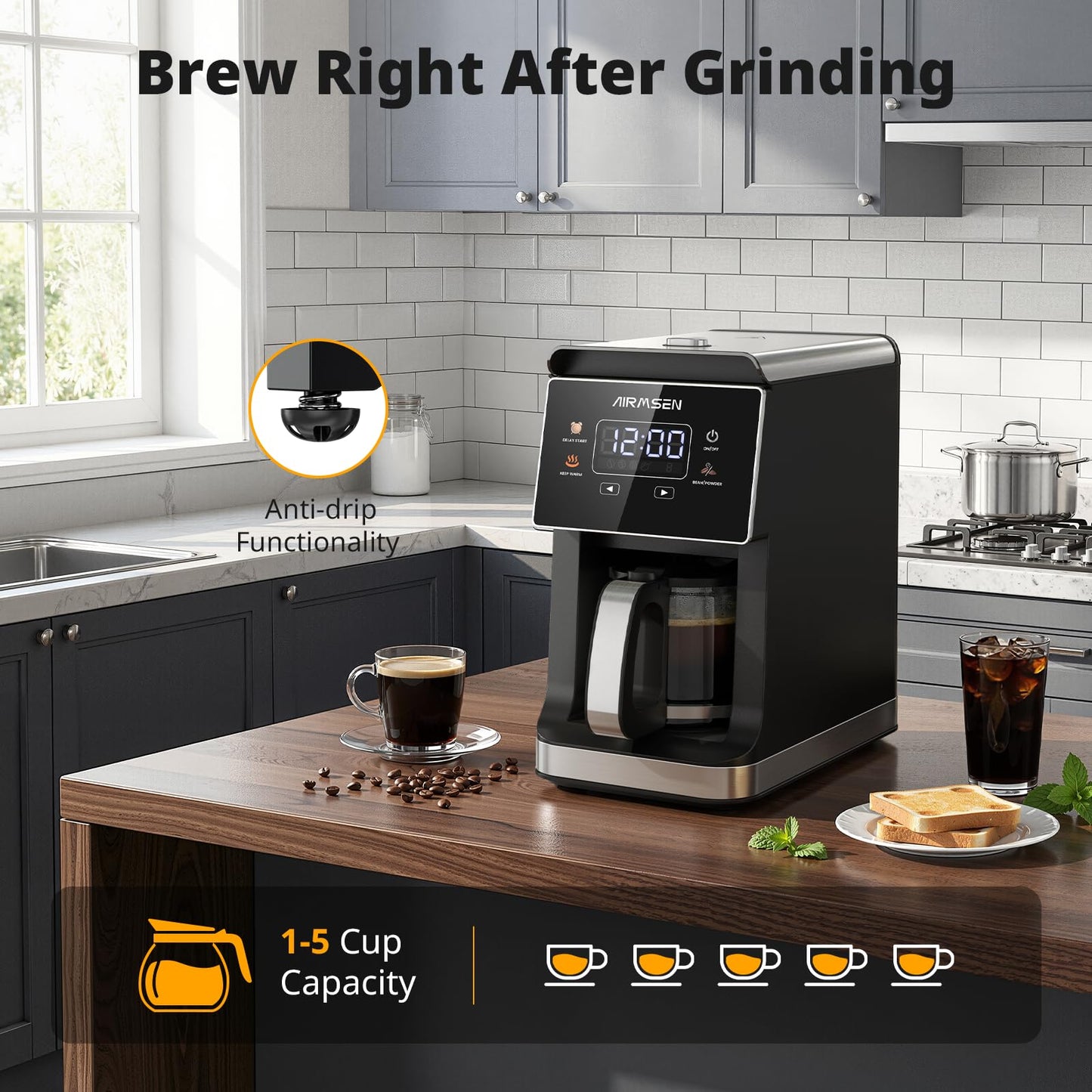 AIRMSEN Grind & Brew Coffee Maker with Built-in Grinder, Programmable Single Serve Coffee Maker - 5 Cup-800ML, 3 Grind Settings, Auto Keep Warm & Glass Carafe for Small Home and Office