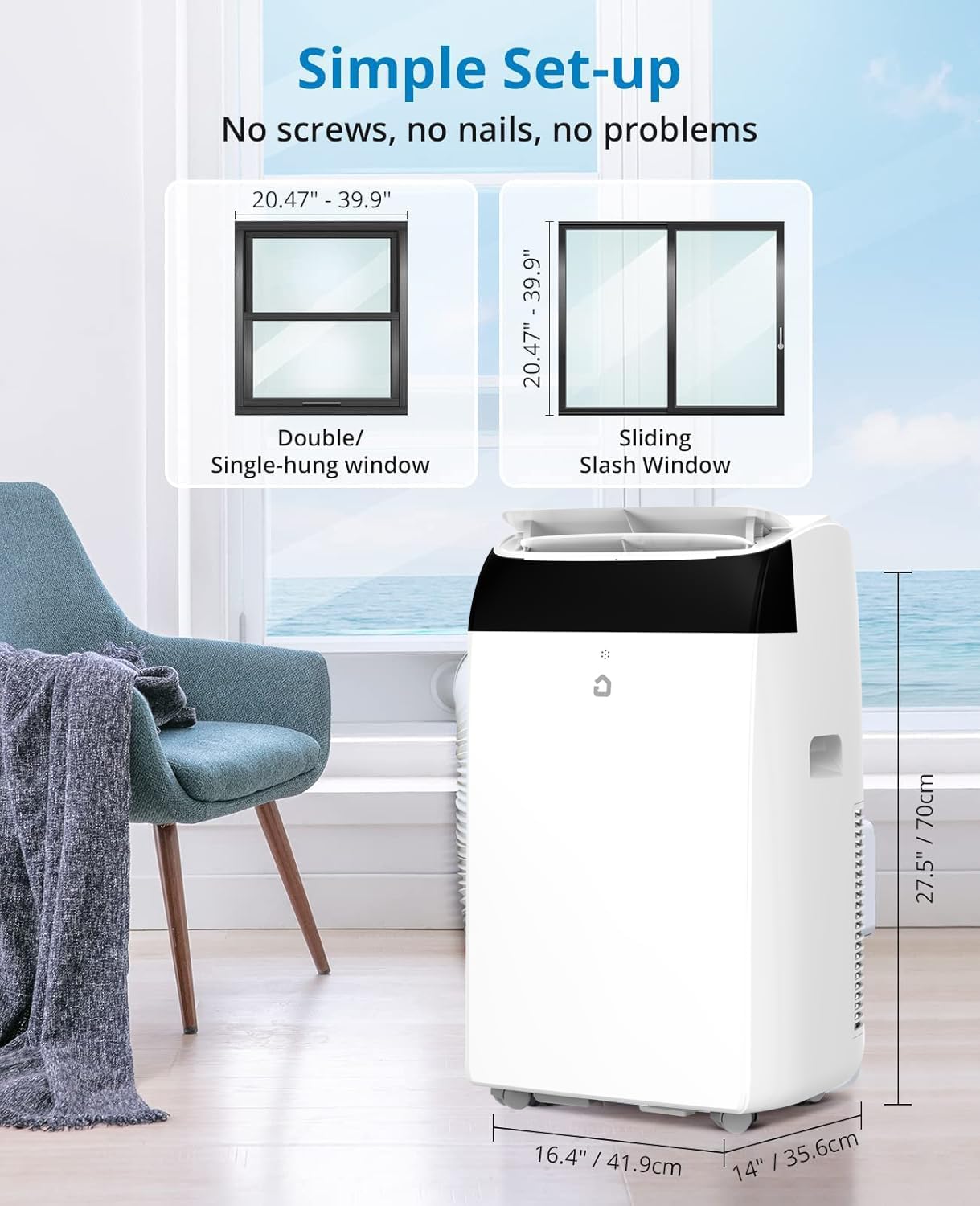 14,000 BTU Portable Air Conditioner for 750 Sq.Ft - 3-in-1 AC Unit with Cooling, Dehumidifier & Fan Modes, Remote Control, Timer & Ultra-Quiet Operation for Home/Office