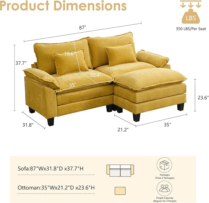 URRED Cloud Couch Modular Sectional Sofa, 87" Modern L Shaped Deep Seat Sofa with Ottoman & Pillows, Ultra Comfy Chenille Couches for Living Room, Bedroom or Apartment, Yellow