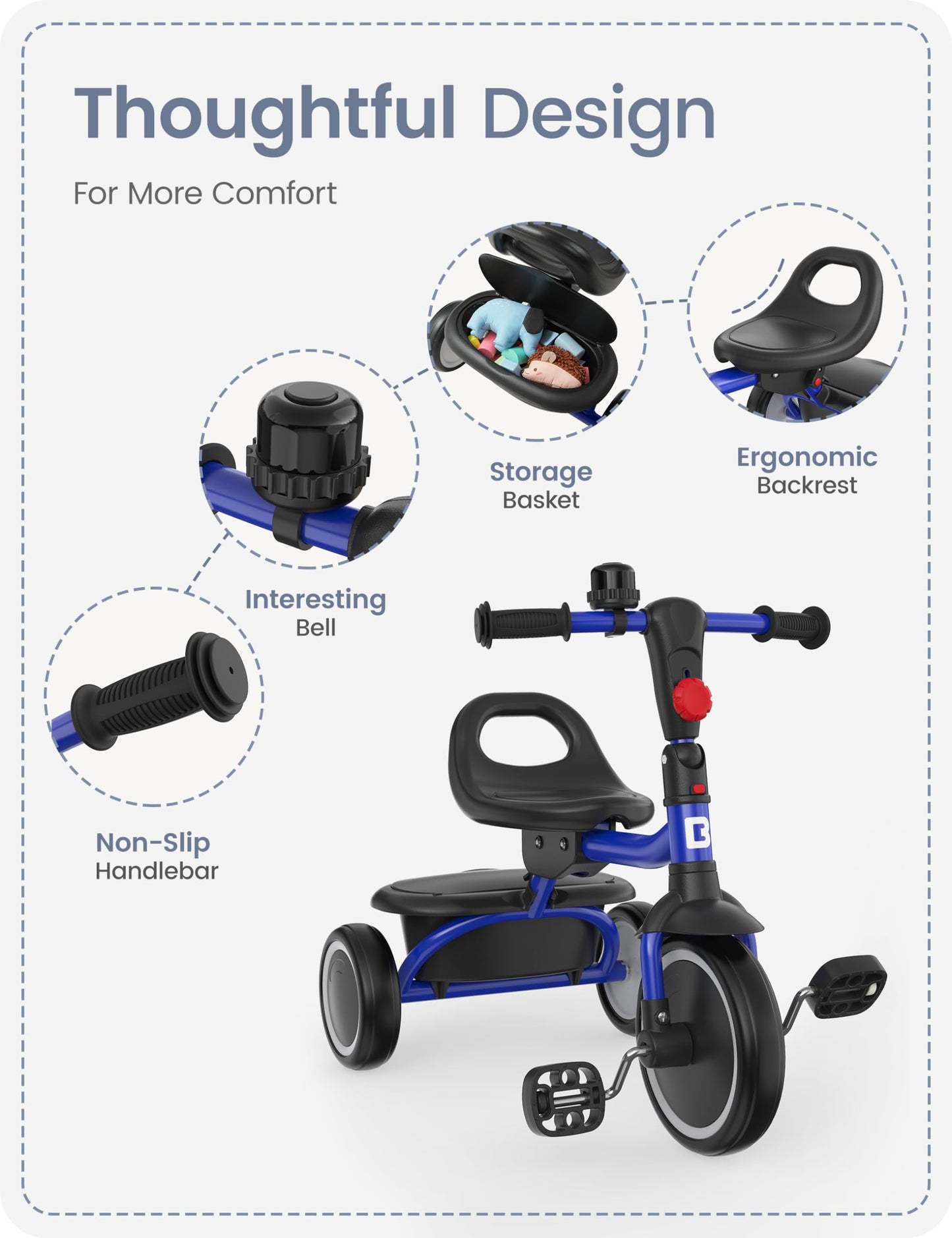 besrey Toddler Tricycle with Bell, Kids Tricycle Age 18 Months to 5 Years, Kids Trike, Toddler Bike for 1.5-5 Year Olds, Baby Trike, Gifts & Toys for Boys & Girls, Blue