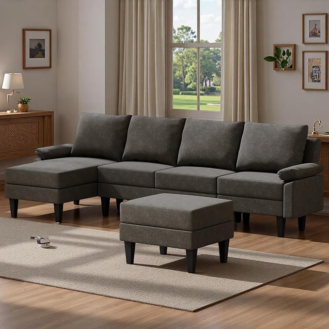 Topcomfy U-Shaped Sectional Couches for Living Room, Convertible 4 Seat Modular Sectional Sofa Set with Ottoman, Modern L Shaped Couch with Chaise for Bedroom Apartment and Office, Chenille Brown