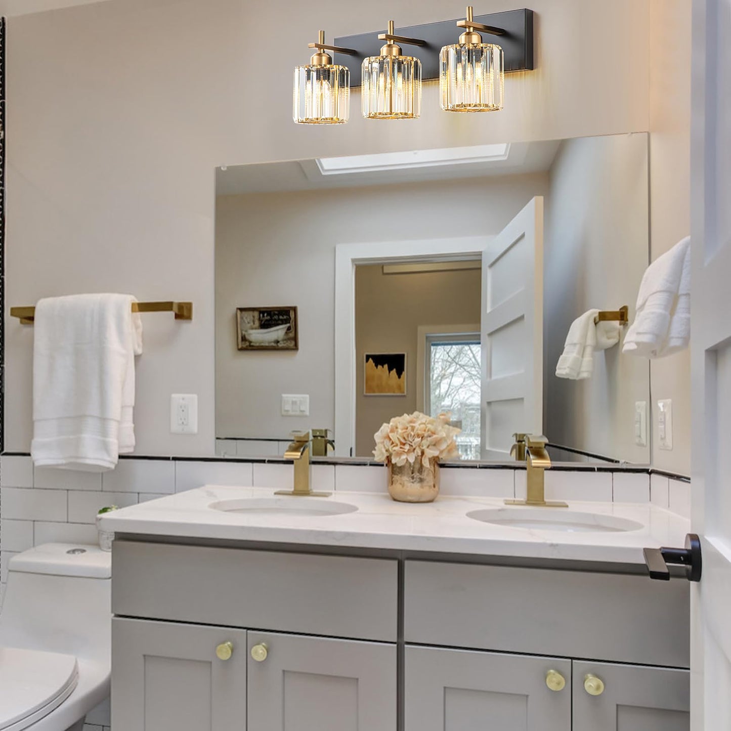HUOKU Modern Crystal Bathroom Vanity Lights, Black Gold 3-Lights Bathroom Light Fixtures Over Mirror, Crystal Wall Lighting with Polished Gold Finish(Exclude Bulb)