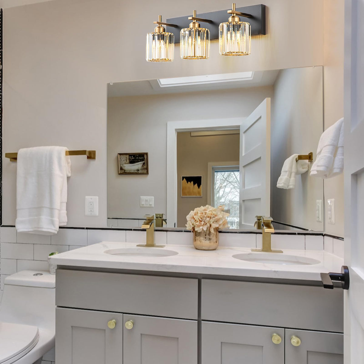 HUOKU Modern Crystal Bathroom Vanity Lights, Black Gold 3-Lights Bathroom Light Fixtures Over Mirror, Crystal Wall Lighting with Polished Gold Finish(Exclude Bulb)