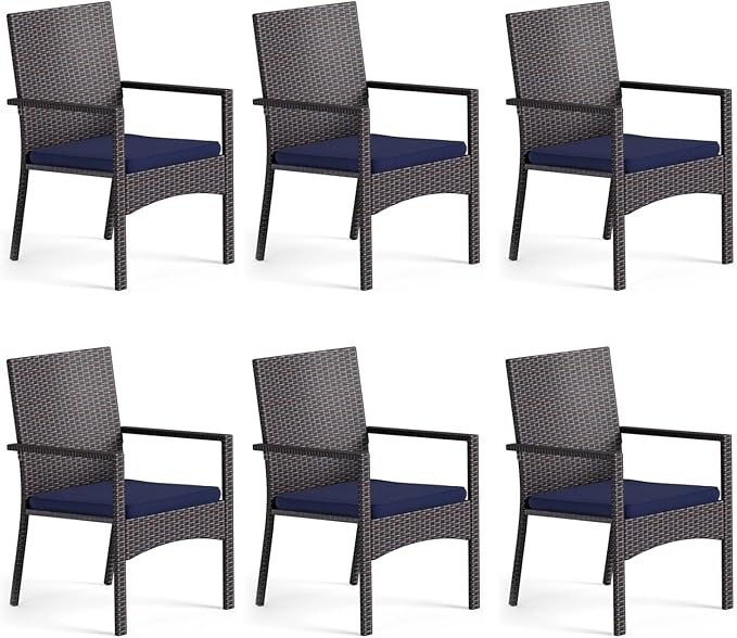 MFSTUDIO Patio Rattan Chairs Set of 6, Wicker Outdoor Dining Chairs Set of 6, All Weather Patio Armchairs w/Armrests, Steel Frame, Brown, 330lbs