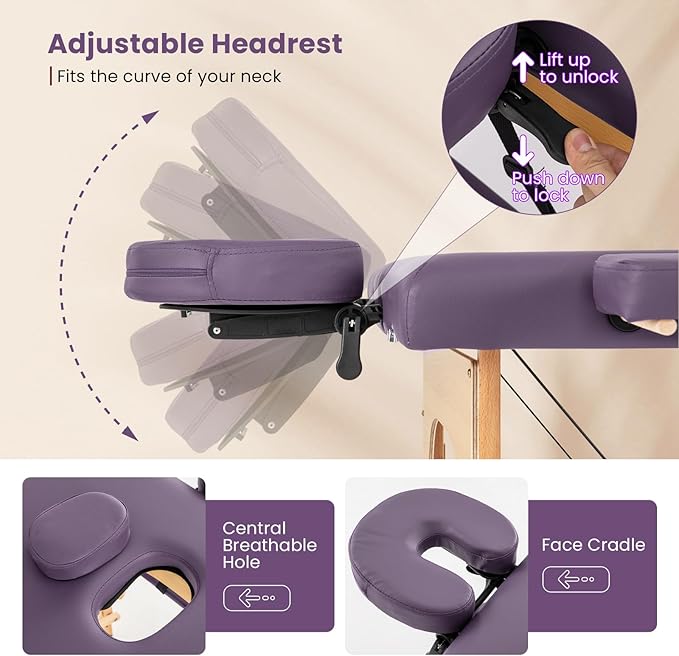 Giantex Massage Table, Portable Massage Bed w/Carrying Case, 2-Section Salon Spa Facial Care Tattoo Bed, Height Adjustable, Wood Frame, Professional Massage Lash Bed for Eyelash Extension (Purple)
