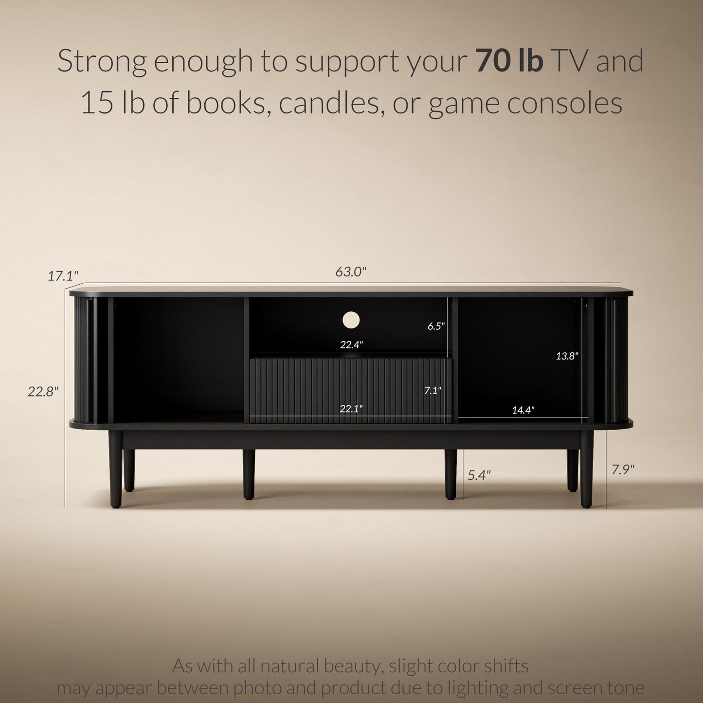 Furniway Modern TV Stand for 45/55/70 inch TV, Entertainment Center with Sliding Doors and Storage, Wood TV Stand for Bedroom, Living Room, Black