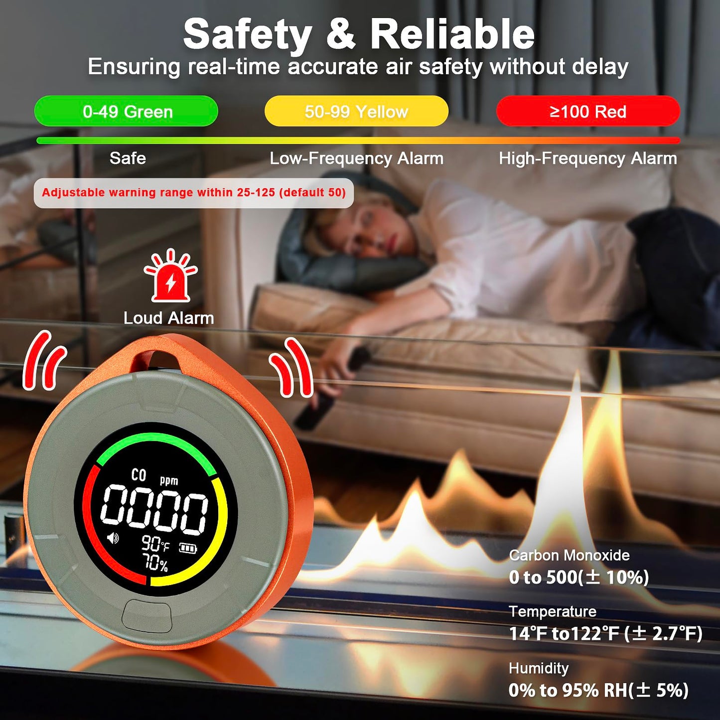 Pildegro 3-in-1 Portable Carbon Monoxide Detector, Professional Rechargeable Real-Time Travel CO Monitor 140HR Standby, Premium Reliable CO Detector with Loud Alarm for Air Safety (Orange/Passion)