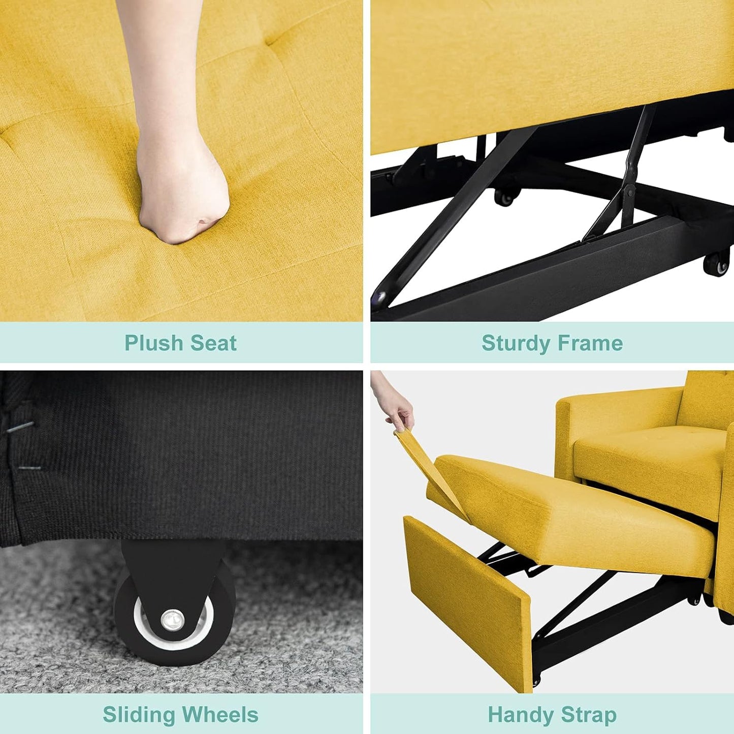 saows 3 in 1 Convertible Chair Bed, Convertible Sleeper Chair Bed, Lounger Chair, Adjustable Backrest with Pillow, Modern Sofa Bed for Living Room Apartment, Bright Yellow