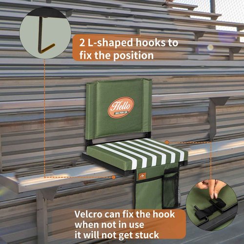LOENIY 2 Pack Stadium Seats for Bleachers with Back Support, Bleacher Seats with Backs and Extra Thick Padded Cushion, Includes Shoulder Straps Carry Handle, and Cup Holder Side Pockets (Green)