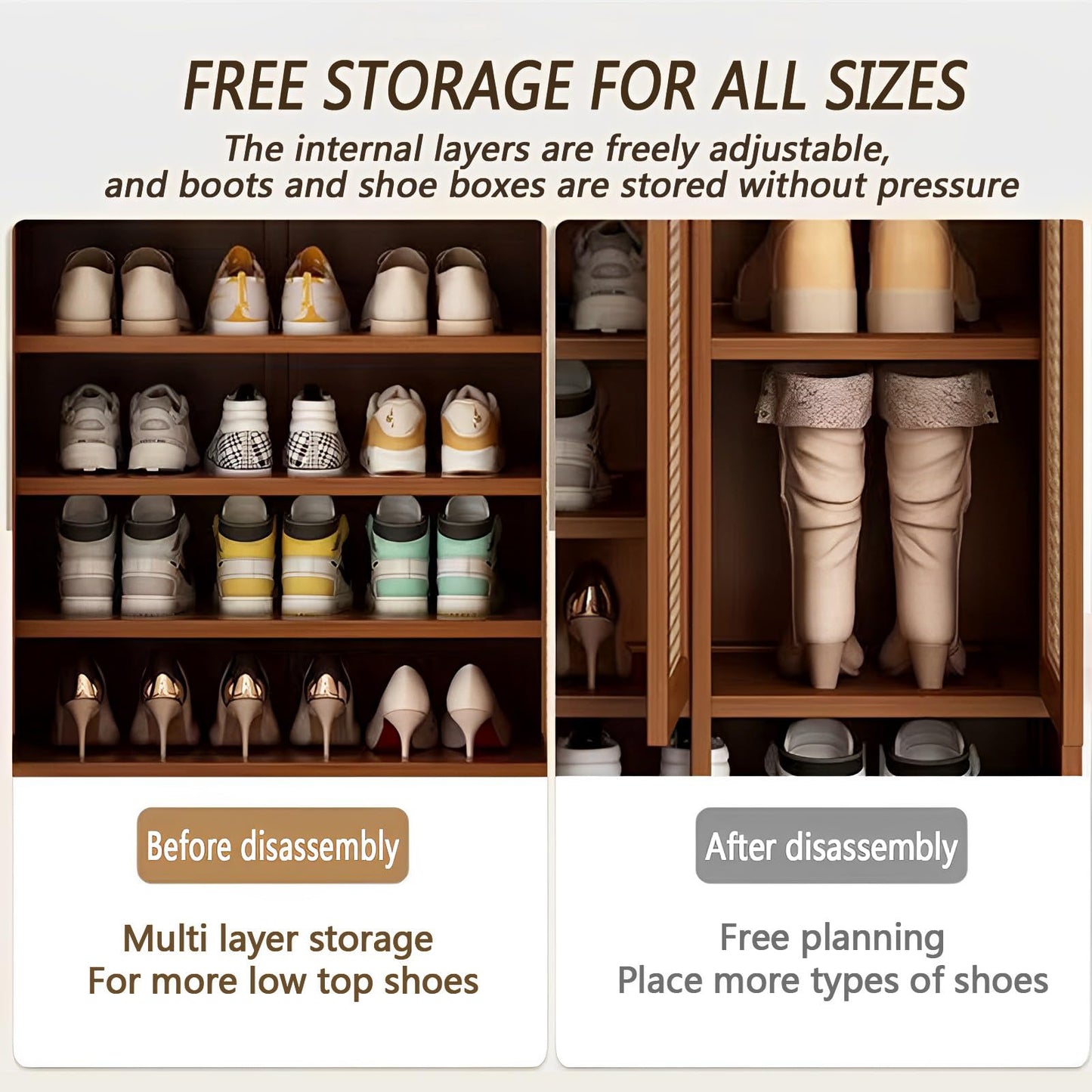 Bamboo Shoe Cabinet, 8-Tier Shoe Storage Cabinet with Doors, Freestanding Bamboo Shoe Rack Organizer with Shelves for Entryway, Hallway, Closet, Living Room (Brown-5)