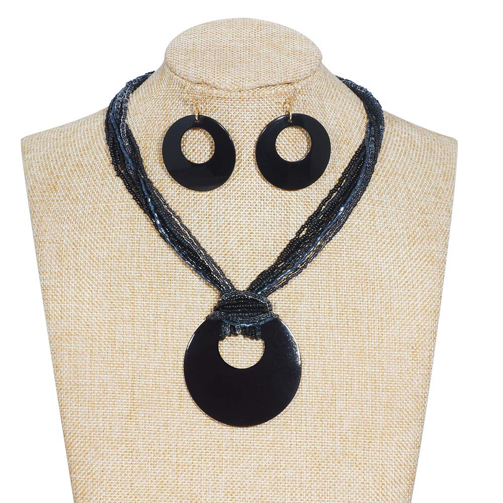 Coiris Multi Strand Statement Colorful Beaded Necklace with Big Circle Shell Pendant for Women (N0055-Black)
