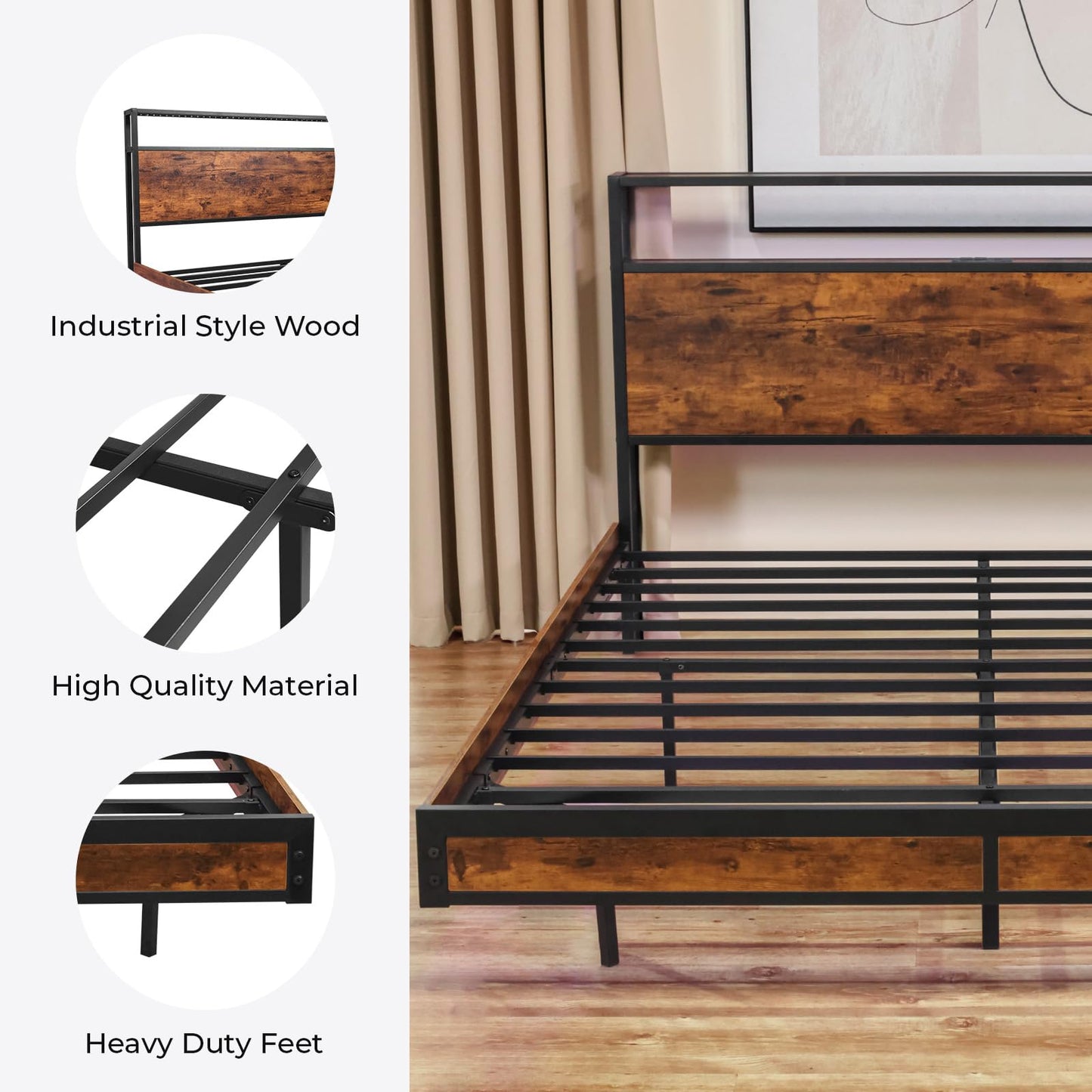 Bed Frame with 2-Tier Storage Headboard, Metal Platform Bed with Smart LED Lights & USB Charging Station, Noise-Free/Metal Support/No Box Spring Needed, Brown (Brown, Full)